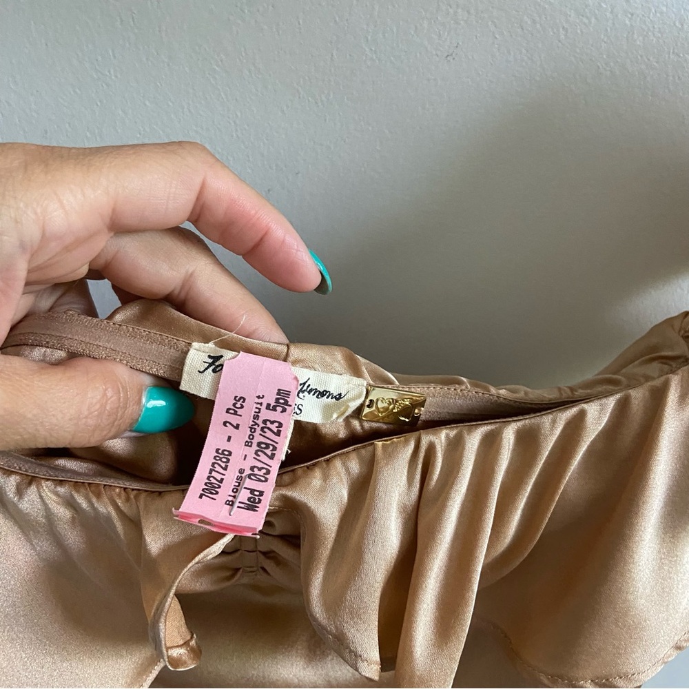 For Love & Lemons x Revolve Silk Blend Champagne Off-Shoulder Thong Bodysuit XS - Picture 5 of 13